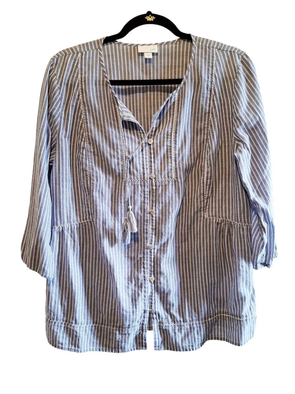 J.Jill Blue & White Striped Button-Down Tunic Top With Tassel Tie Closure Size M